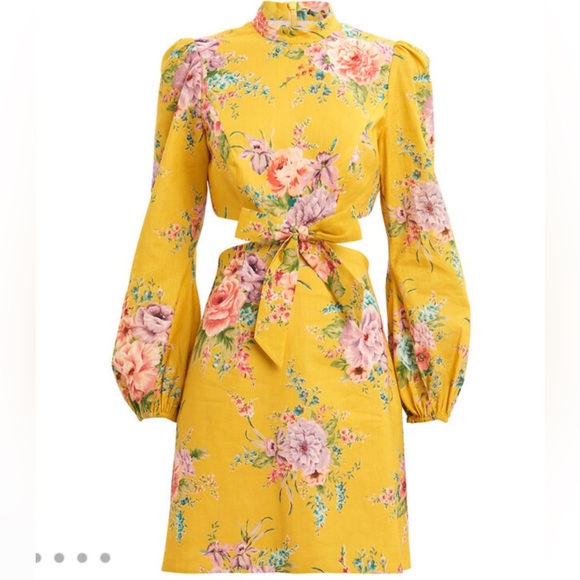 zimmermann zinnia bow cut out short dress Zimmermann Zinnia Cut Out Short Dress Yellow Golden Floral